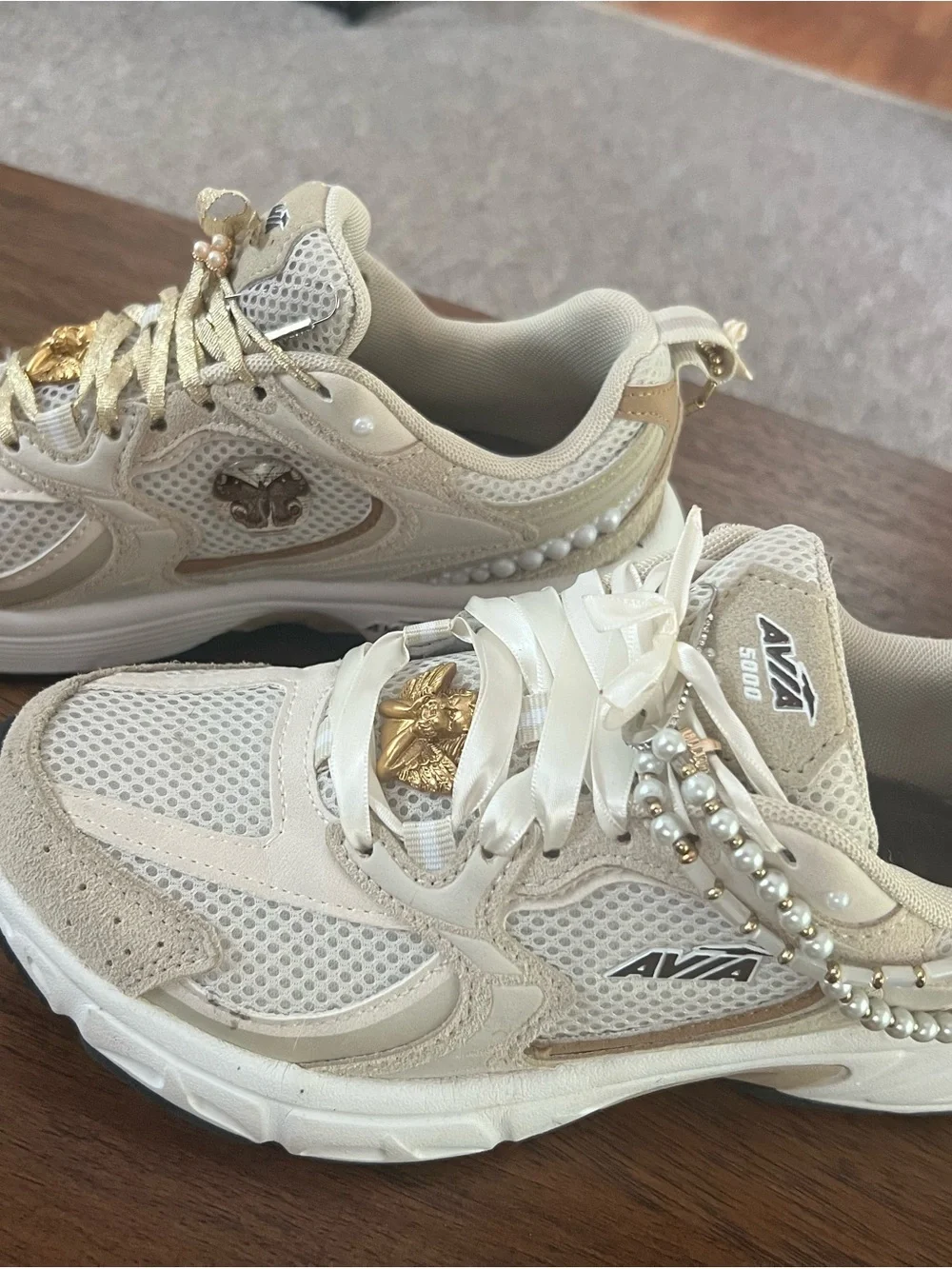 Custom designed Avia Women's Cream and Gold Sneakers